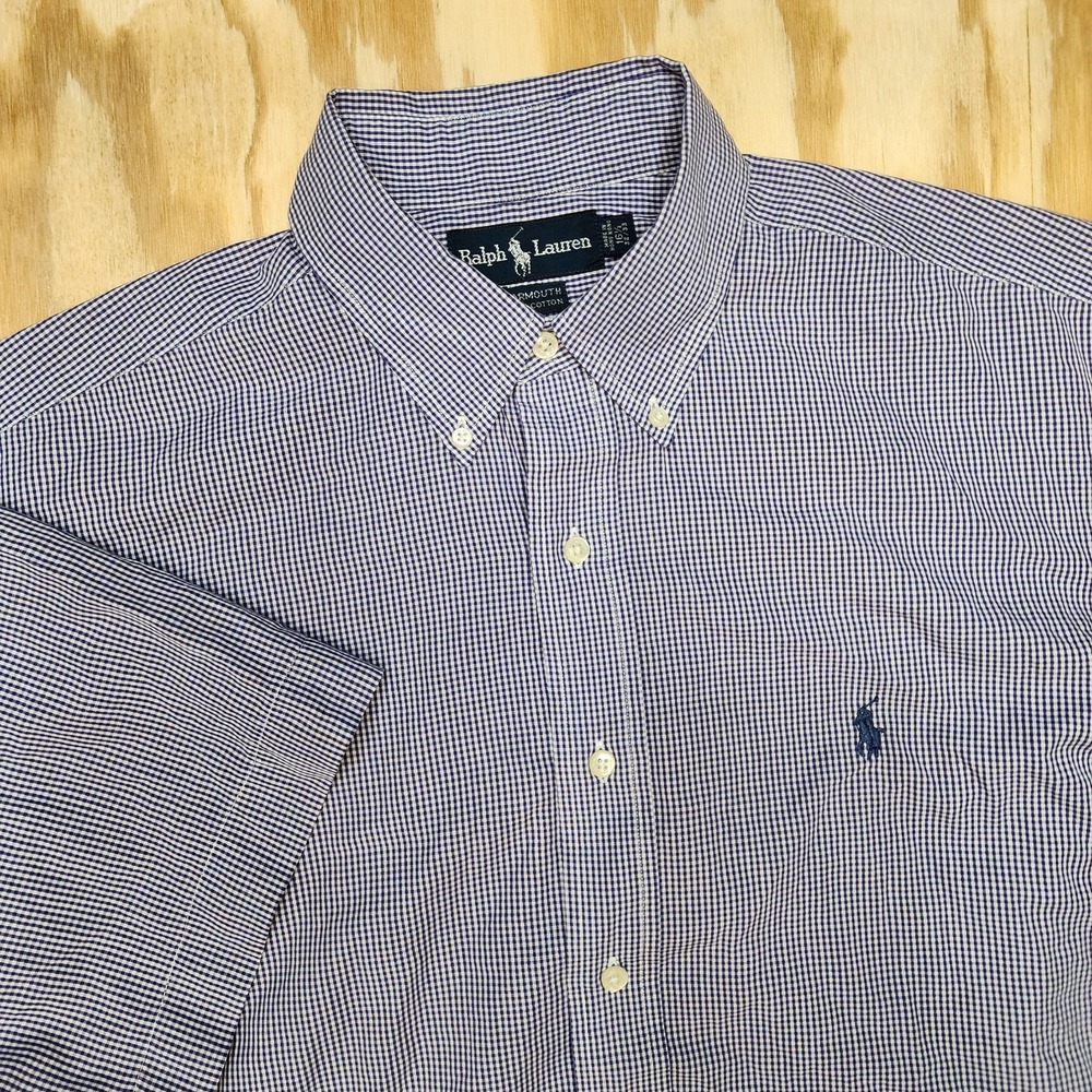 VTG Polo Ralph Lauren Yarmouth Purple Check Button Down S/S Mens 16 1/2 32-33